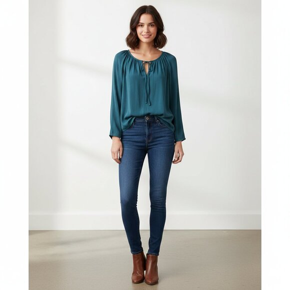 Aritzia Babaton Tie Front Blouse Forest Green Teal Scoop neck Drapey Size XXS - Picture 3 of 11